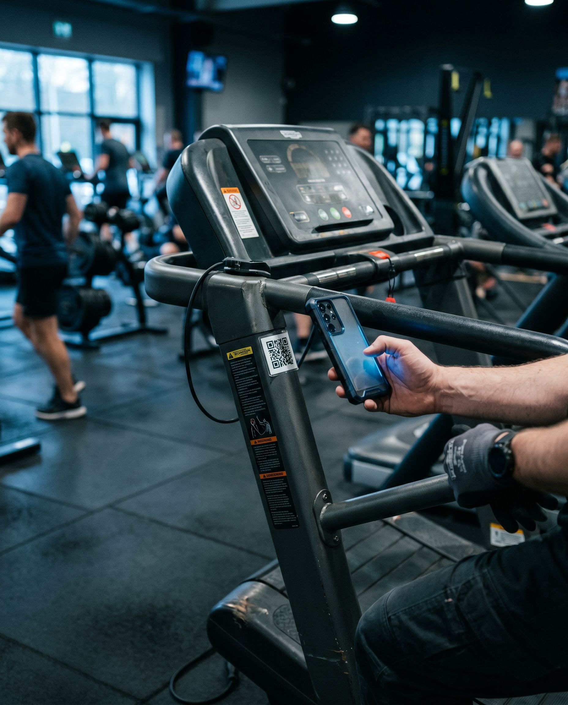 Technician scanning a QR intake tag mounted on gym equipment