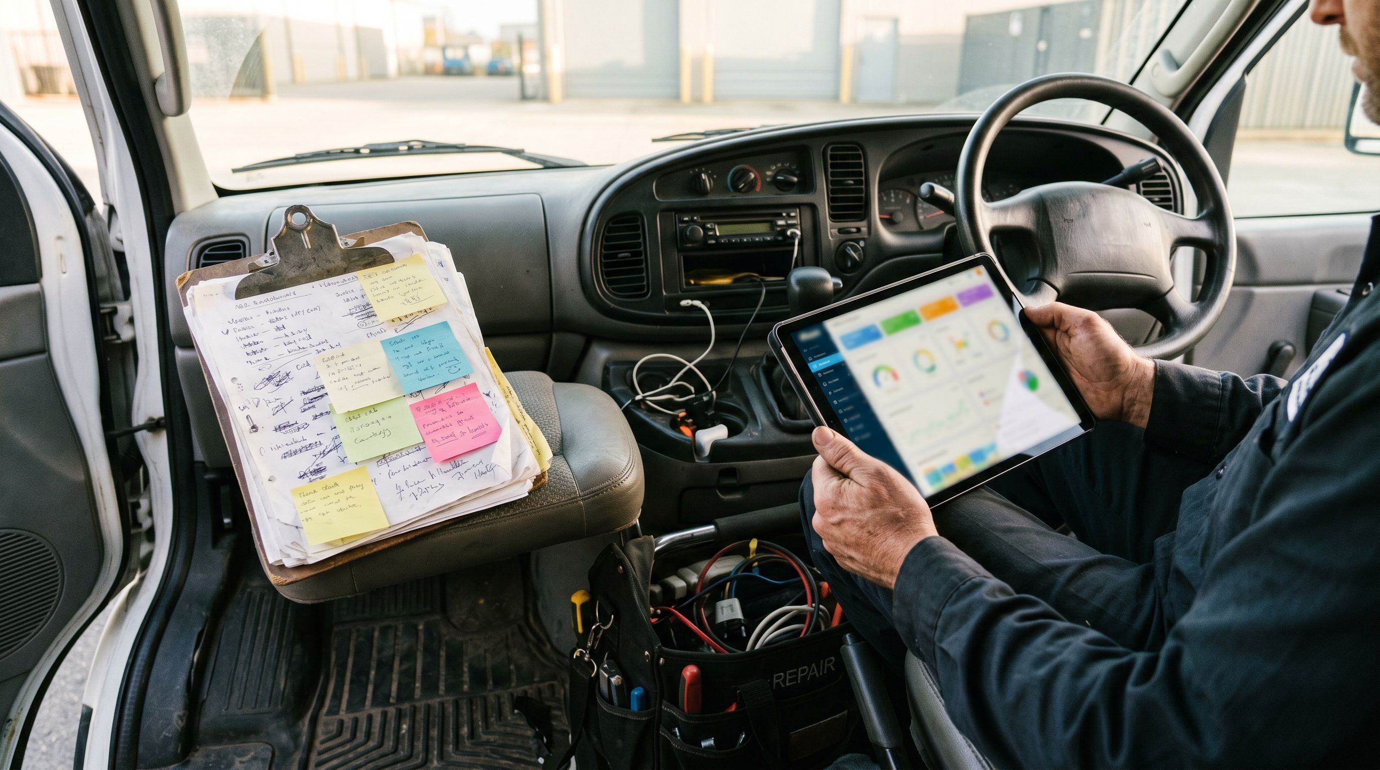Paper work orders next to a tablet showing a service dashboard in a repair van